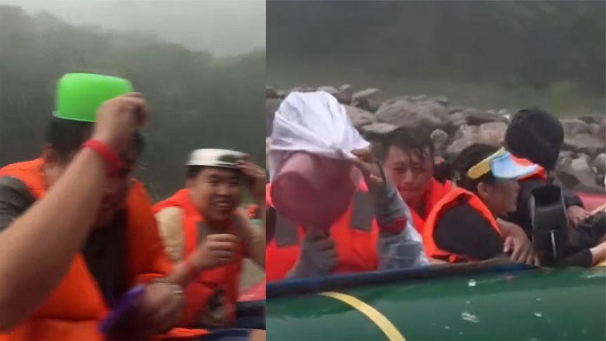 【触发“寒冰技能”？游客漂流途中遇上冰雹被动顶盆“挨打”】7月9日网传视频称，游
