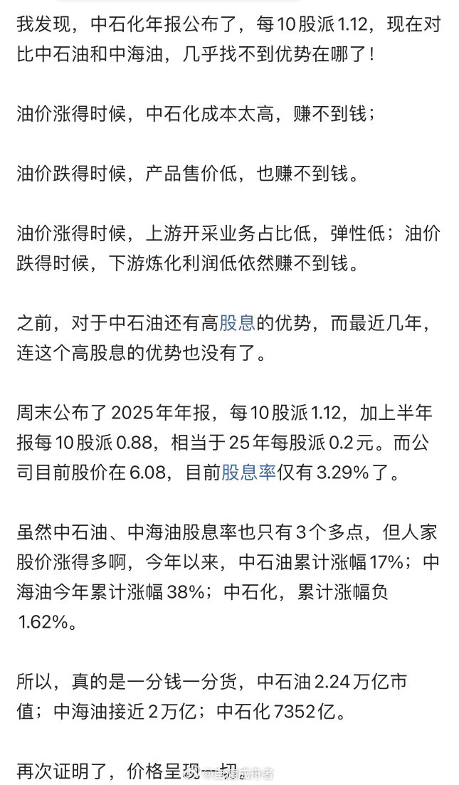 中石化年报显示2025年度末期每股派发现金股利人民币0.112元，即每10股派1