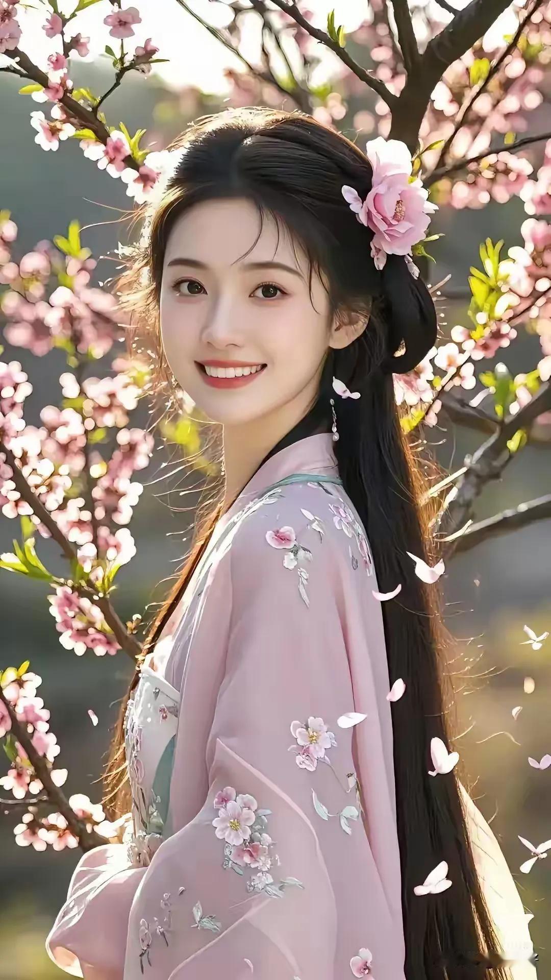 伊人转首灿三春
朵朵桃花笑粉唇
万丈青丝迎日舞
盈江碧水醉乾坤