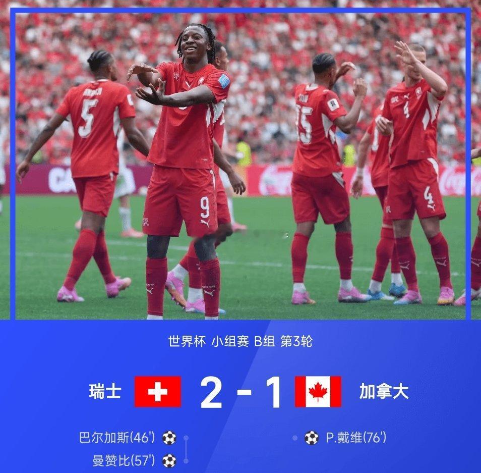 06月25日讯  世界杯小组赛B组第3轮，瑞士2-1战胜加拿大。上半场，恩博洛、