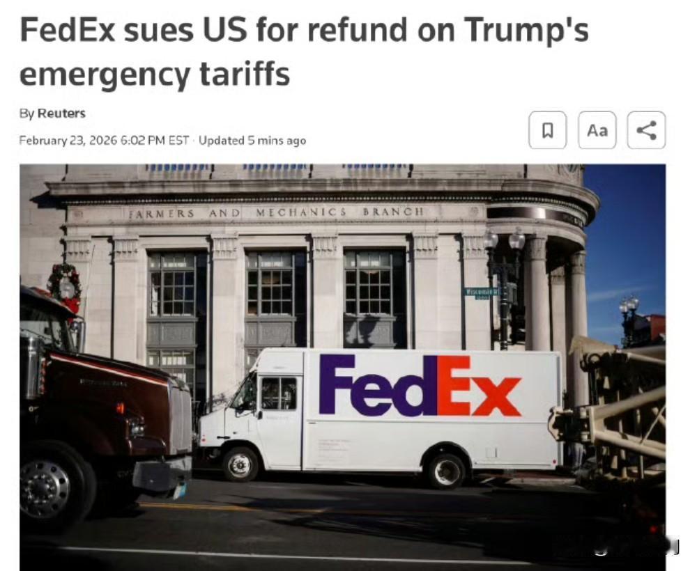 联邦快递 FedEx 起诉特朗普政府，要求退还紧急关税的款项。
联邦快递周一向美