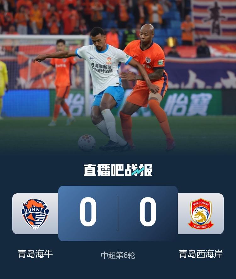 中超第6轮，19:00开球的一场青岛“德比”刚刚结束，最终青岛海牛主场0-0战平
