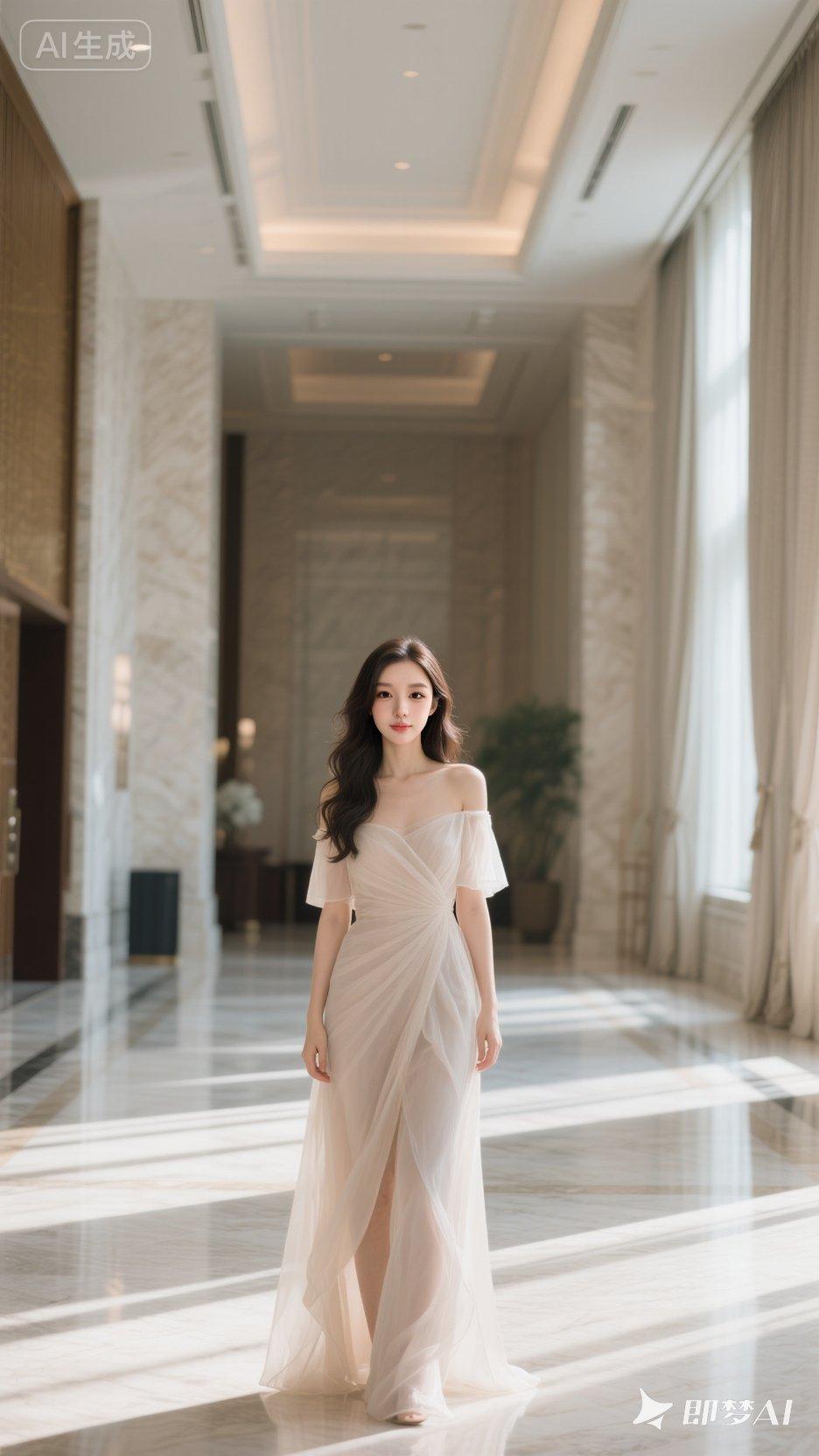 女性，明媚眼晴，清纯动人，鼻子高挺，长卷发带，头发有装饰，穿薄层露肩不规则气质长