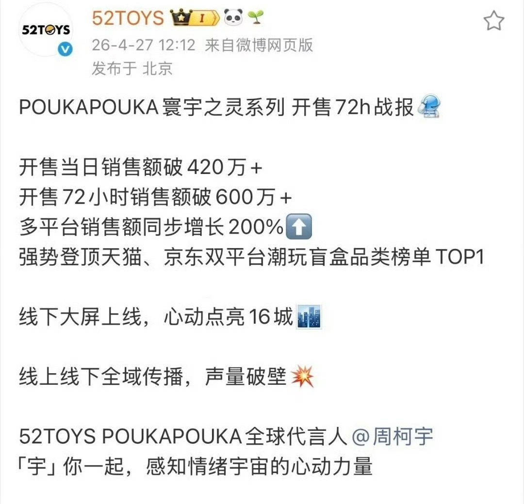 周柯宇首个全球代言人商务首日破400w，72小时破600w，什么水平？ 