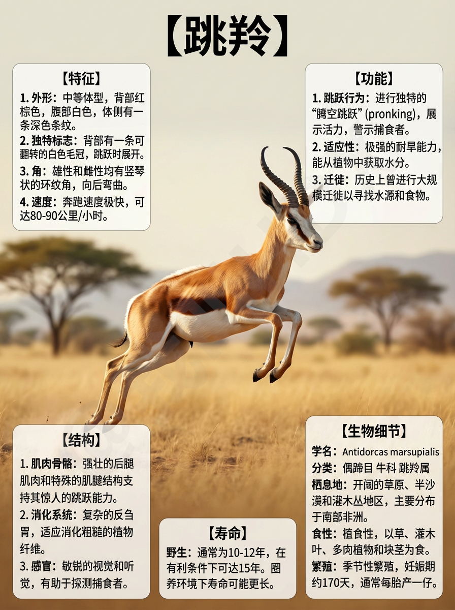 我AI的动物 草原上的“跳跃精灵”——跳羚🦌！它身姿轻盈，皮毛如金沙般闪耀，一