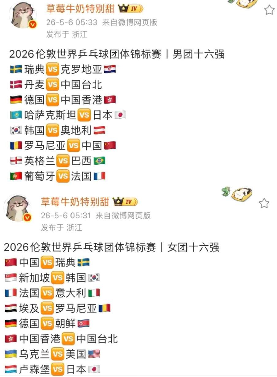 伦敦世乒赛男女团16强，
基本都是正常发挥，
没有什么大爆冷，
看国乒男队能不能