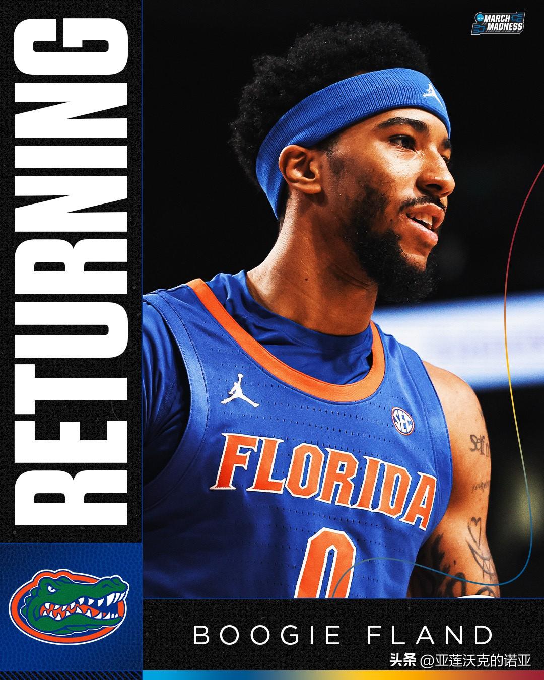 佛罗里达控卫Boogie Fland宣布留校继续征战，身高6-3=191，大二赛