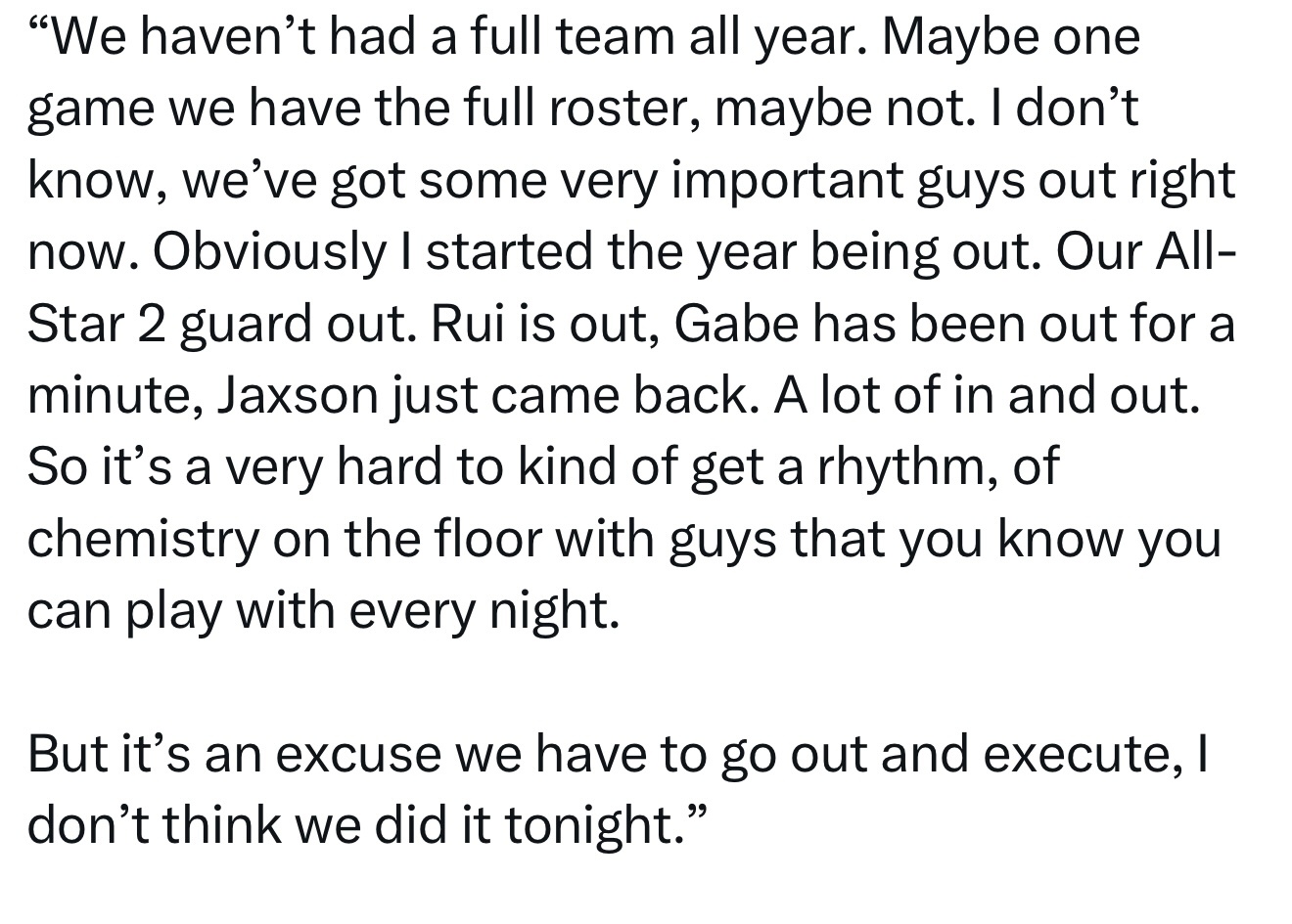 詹姆斯谈因伤病导致球队缺乏稳定风格：“我们今年还没以完整阵容打过几场比赛。可能就