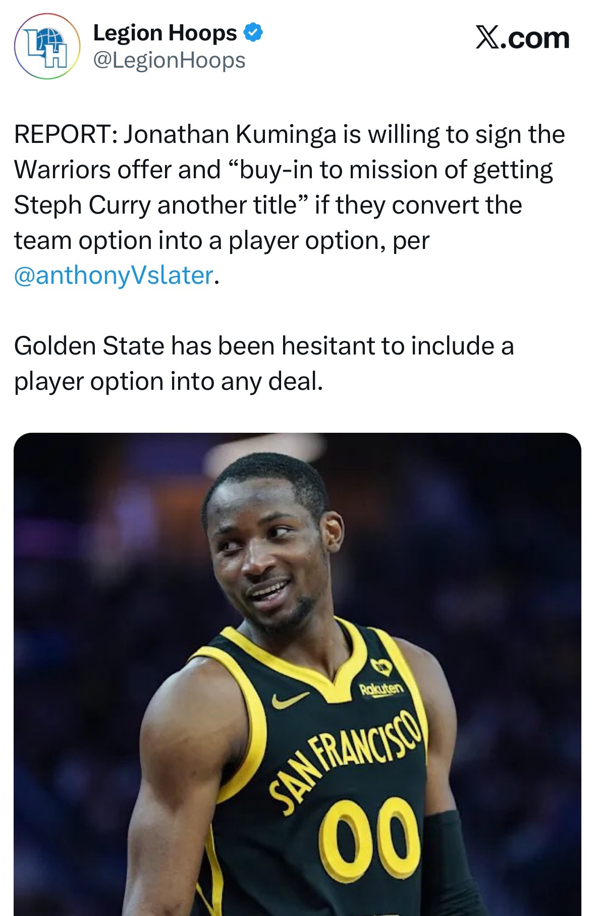 勇士记者Anthony Slater ：若勇士队将球队选项转换为球员选项，库明加