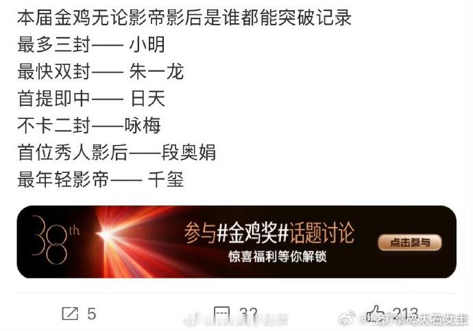 金鸡奖巅峰对决来袭！影帝影后提名阵容豪华，无论最终结果如何，都能创下新纪录，氛围