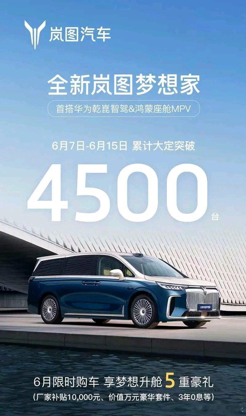 全新岚图 梦 想 家上周大定破4500台 搭载乾崑智驾／鸿蒙座舱岚图 梦 想 家