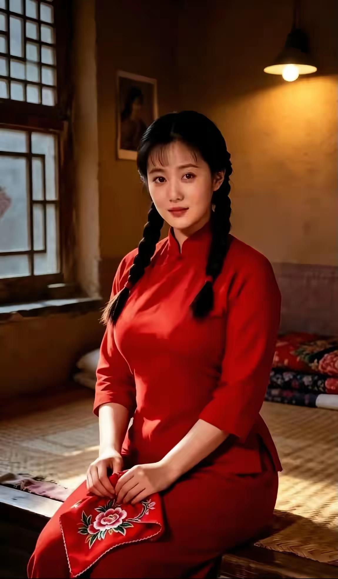 清江引·红妆旧影
土屋灯昏衫影俏，
辫拢清姿妙。
拈帕绣牡丹，
素面天然好，
旧