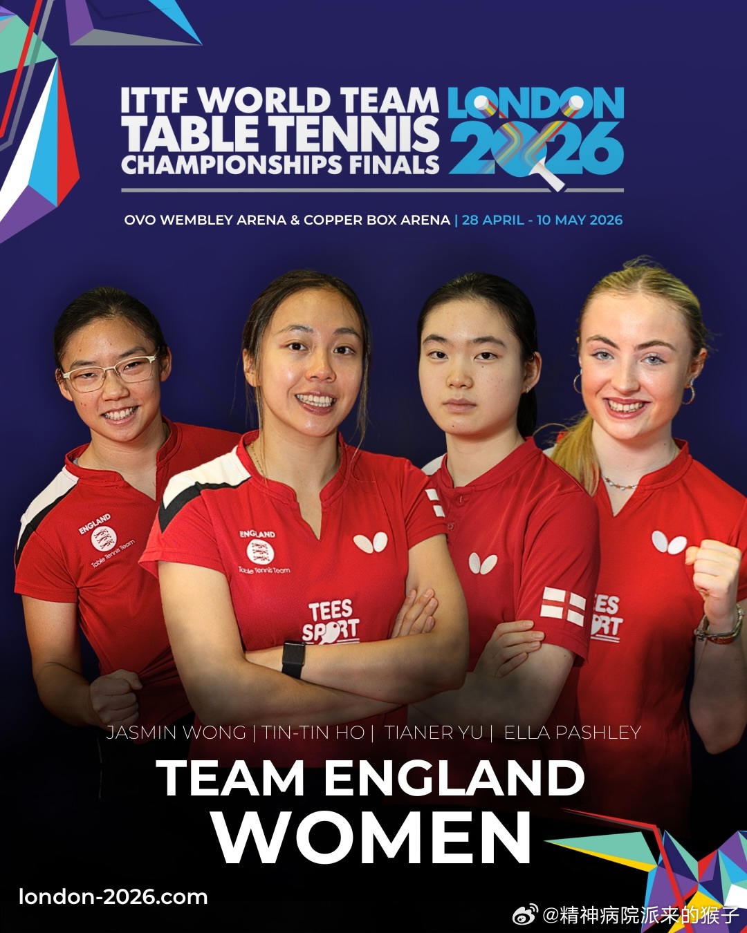 英格兰队2026年伦敦团体世乒赛阵容🏴󠁧󠁢󠁥󠁮󠁧󠁿男团：贾维斯、金