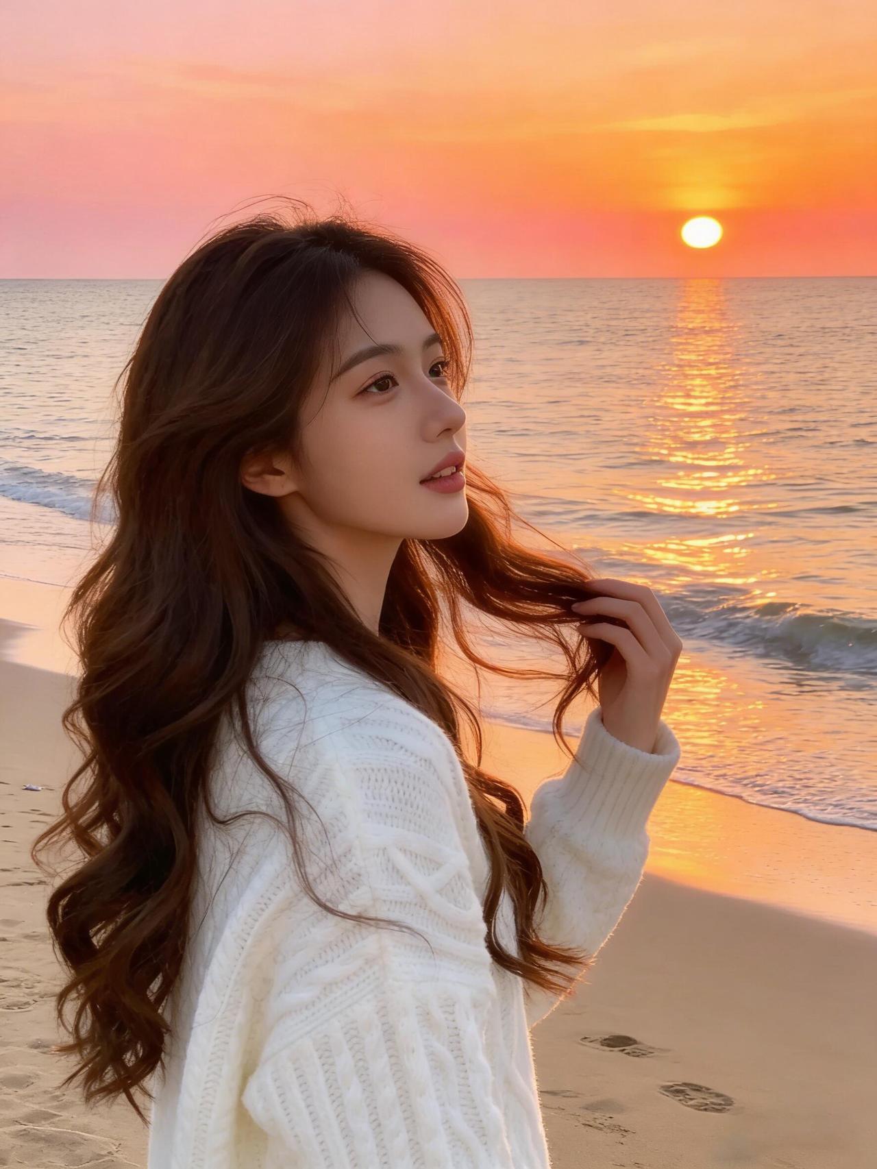 迎着海边第一缕橘粉晨光站定
海风卷着咸湿气息扑在脸上
裙摆被吹得轻轻晃
抬手挡了