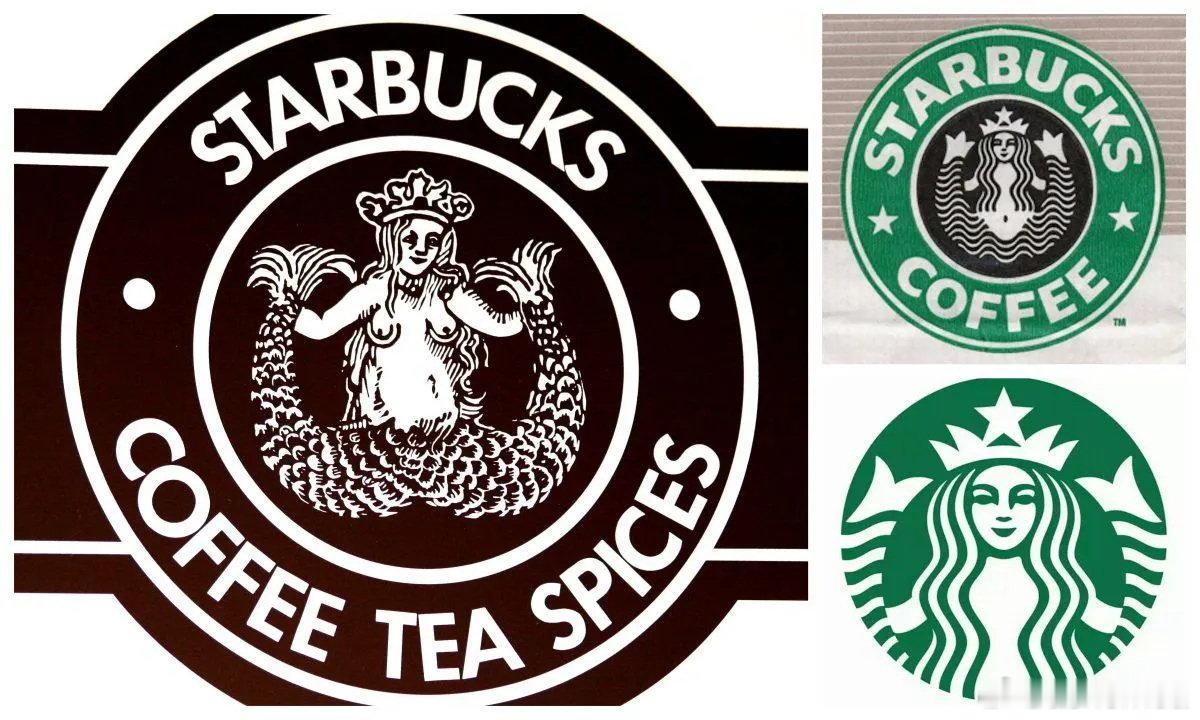 星巴克标志的变迁。70-80年代的LOGO原本是源于15世纪版画中的海妖塞壬，经
