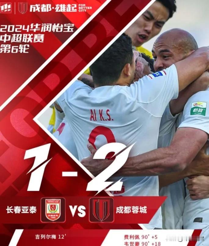 神奇！
成都蓉城今天下午在客场补时以2：1逆转战胜长春亚泰，比赛集齐口角、红牌、