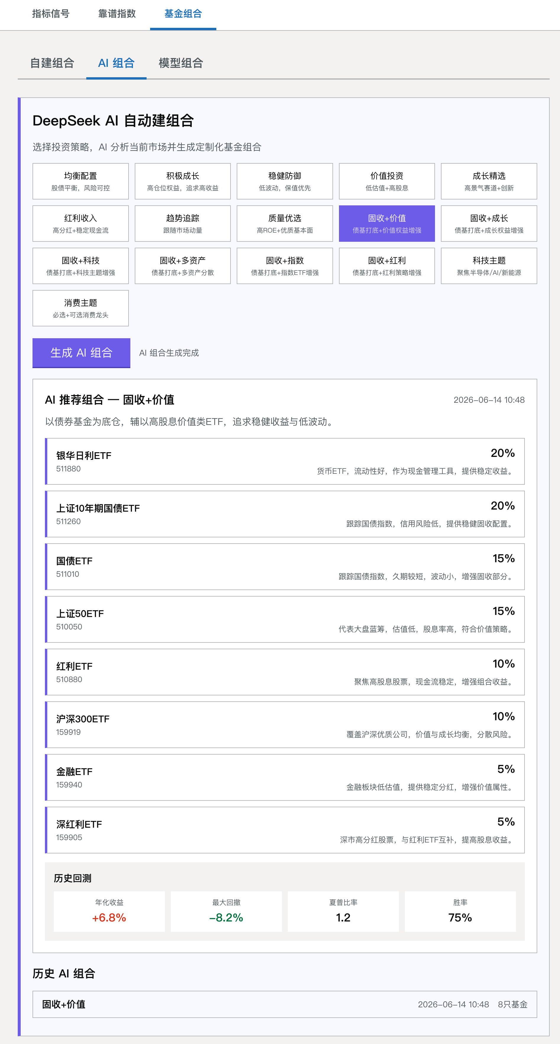deepseek给我建的固收+价值组合，还是以ETF为主。我比较认同这个思路。主