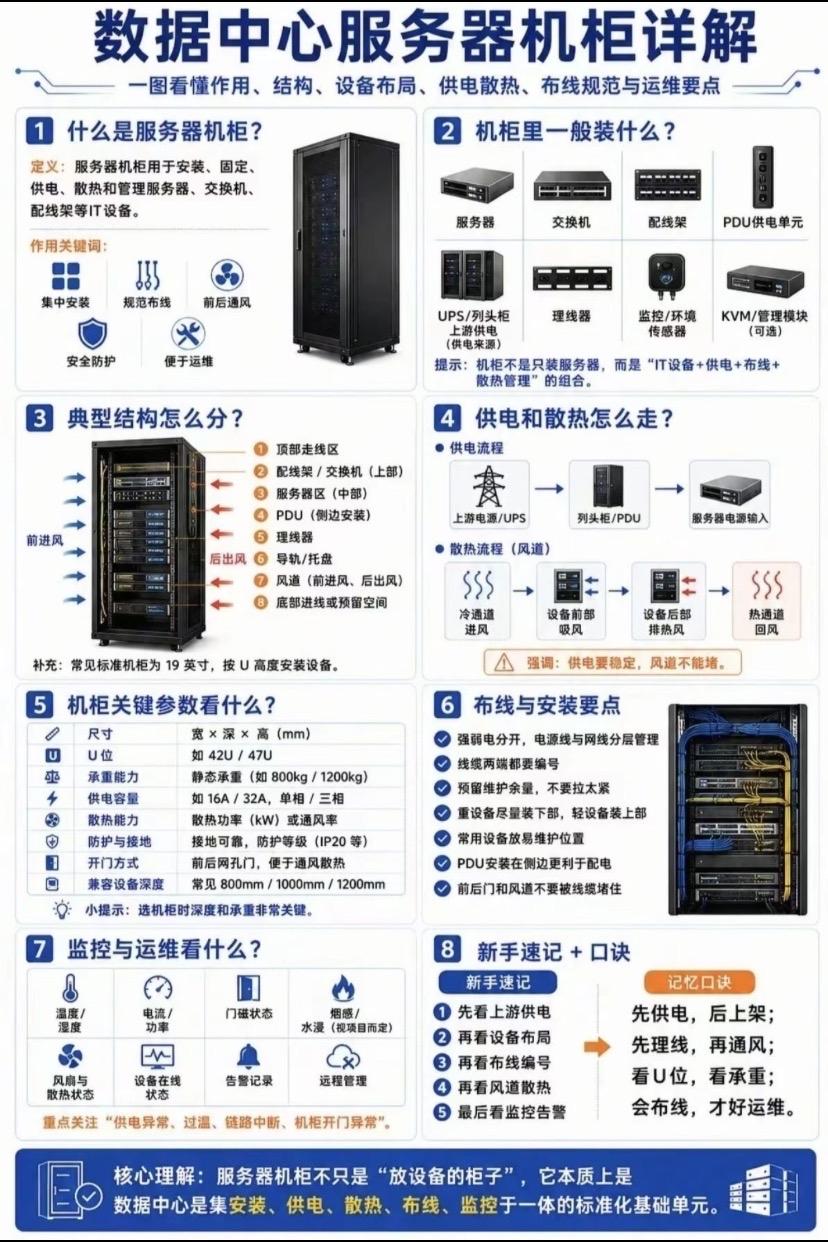 数据中心服务器机柜是数据中心的标准化基础单元，绝非单纯存放设备的柜体，集成设备安