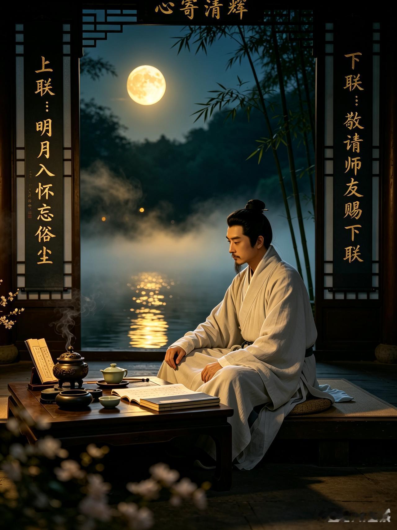 闲来观景偶得一句上联：明月入怀忘俗尘。
本以为灵感到手，随手就能对上工整下联，谁