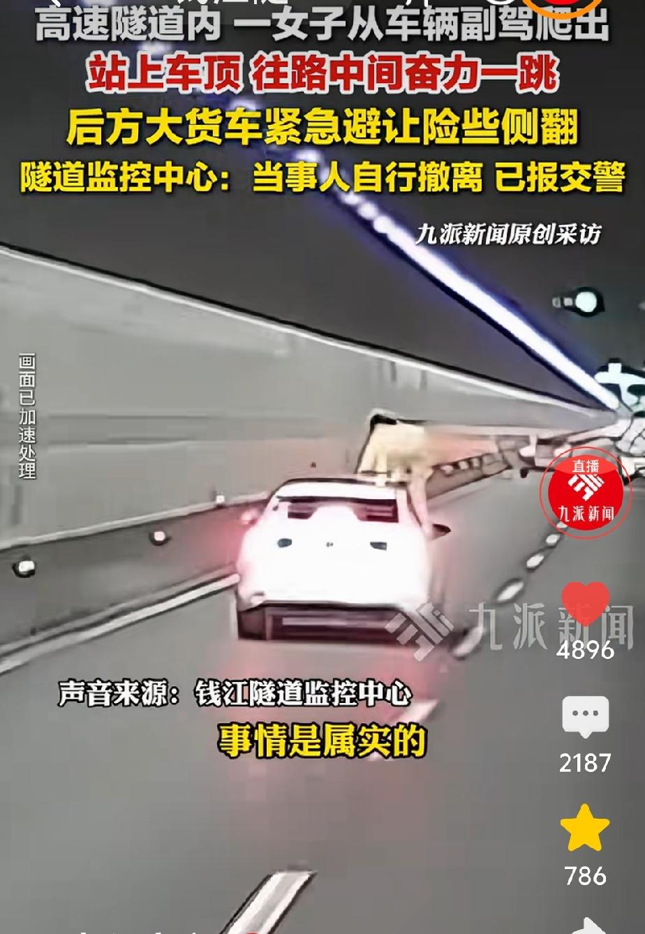 这女子真是太虎了！车在高速隧道里正行驶着，直接爬上车顶，纵身跳了下去。

最近，