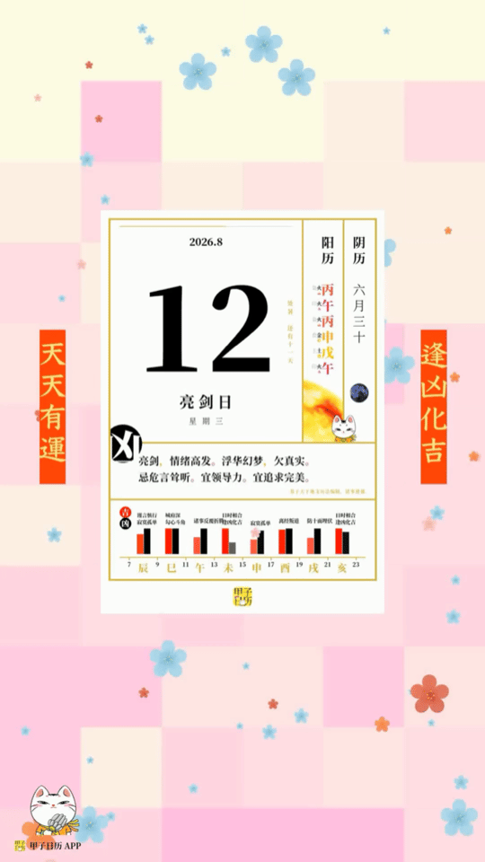 甲子日历 8 月 12 日，亮剑日。亮剑，情绪高发。浮华幻梦，欠真实。📆 星座