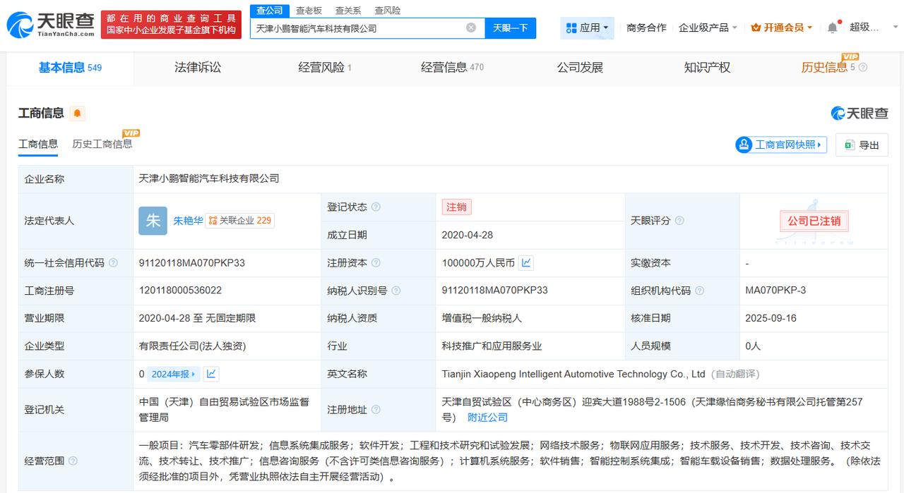 小鹏汽车旗下天津智能汽车科技公司注销
天眼查工商信息显示，近日，天津小鹏智能汽车