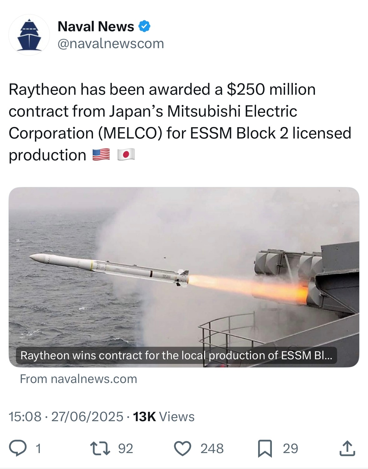 中外舰闻[超话] 每天认识一件兵器  帝国🇺🇸RTX（雷神）公司以2.5亿美