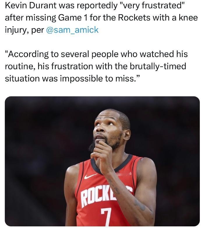 乌度卡对于杜兰特膝盖伤病描述：
 
“就是酸痛，触感很敏感，某些角度很难弯曲。”