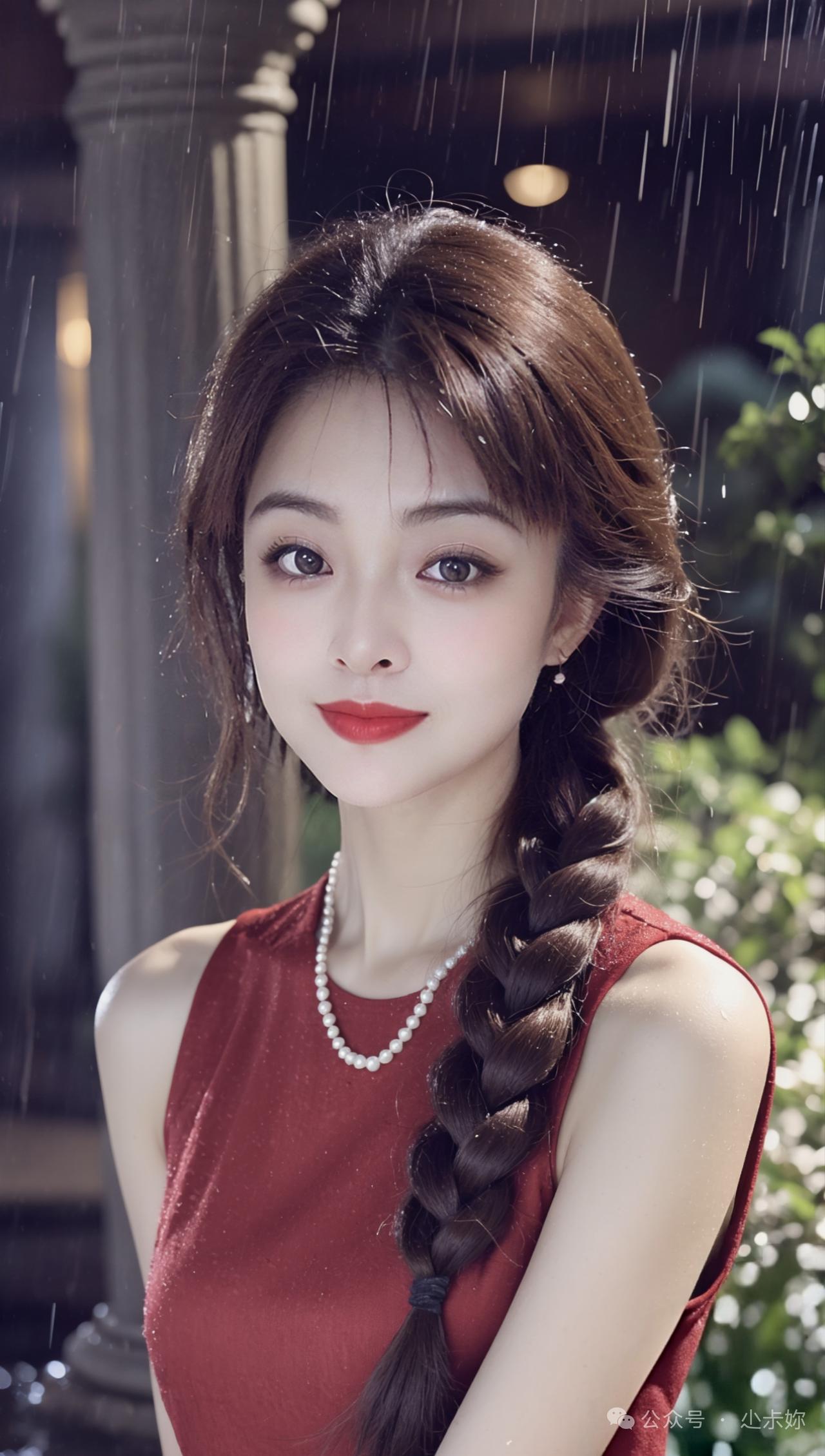 雨中少女，红唇轻启，优雅动人。