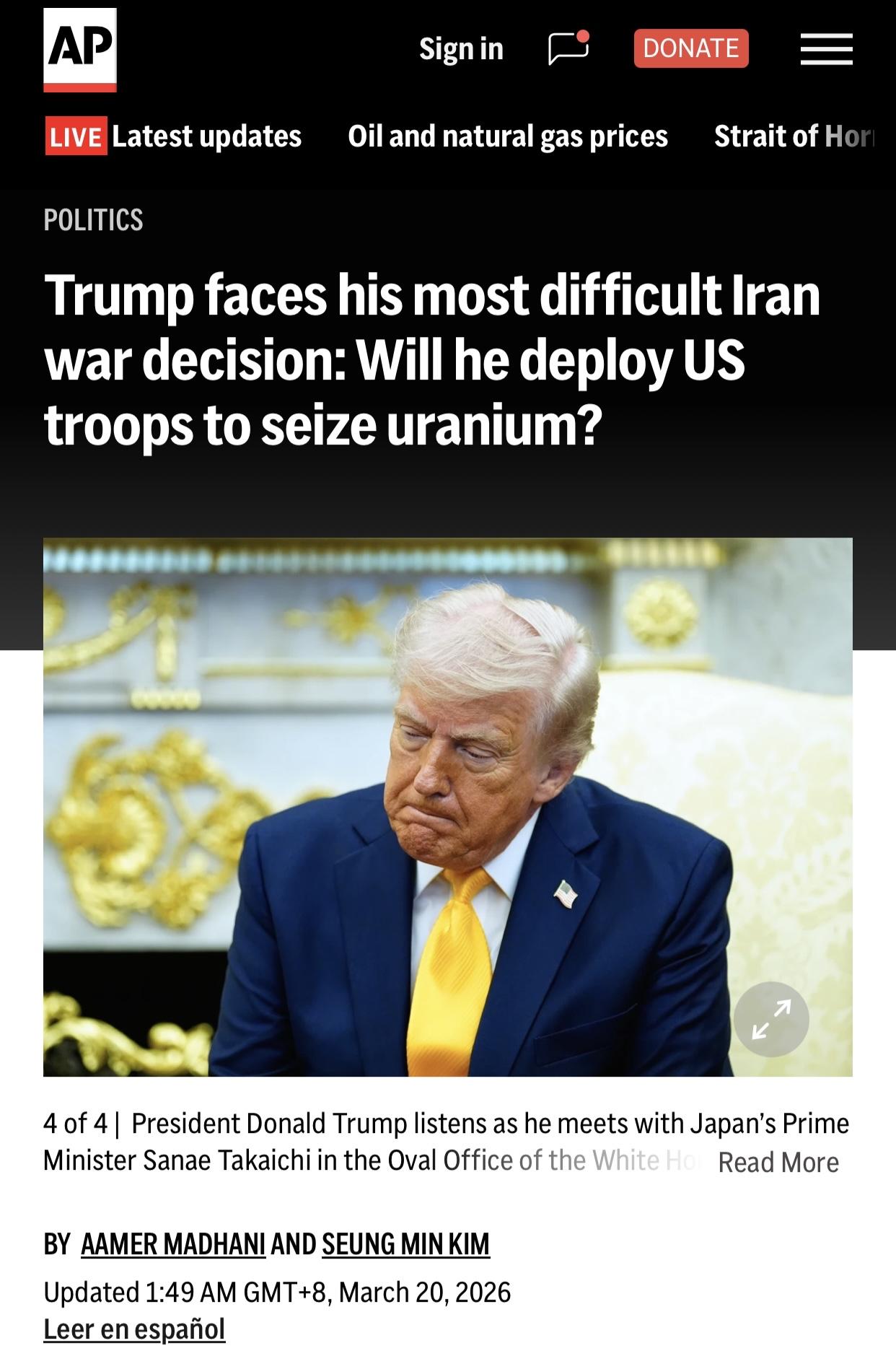 美联社：要不要派兵取回浓缩铀？这是个问题

美联社华盛顿3月20日电: 特朗普总