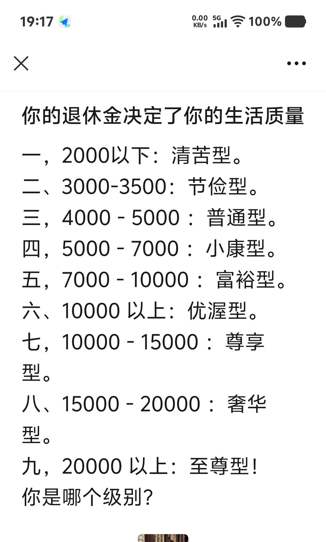 今天看到一位博主发的生活质量是由退休金决定的，那退休的友友看看咱属于哪个级别的？