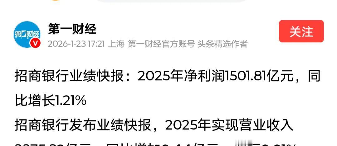 别再说银行不赚钱了！招商银行最新业绩快报显示，2025年净利润高达1501.81