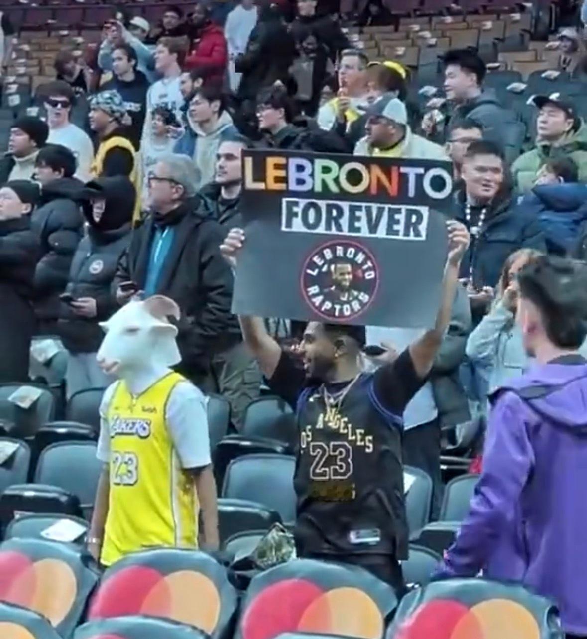 湖人今天打猛龙，而詹姆斯打猛龙向来是手拿把掐。图中这两位球迷，真有活啊 洛杉矶湖