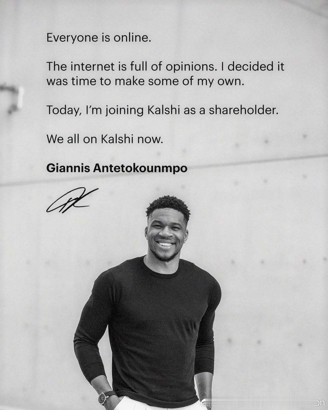 重磅合作！字母哥以股东身份加入体育预测平台Kalshi Sports字母哥 