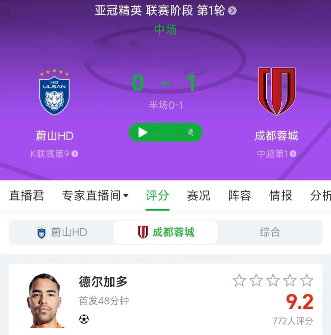 亚冠成都蓉城1-0领先！不得不说光态度方面就比上海申花好多了。
同样是周末要踢关