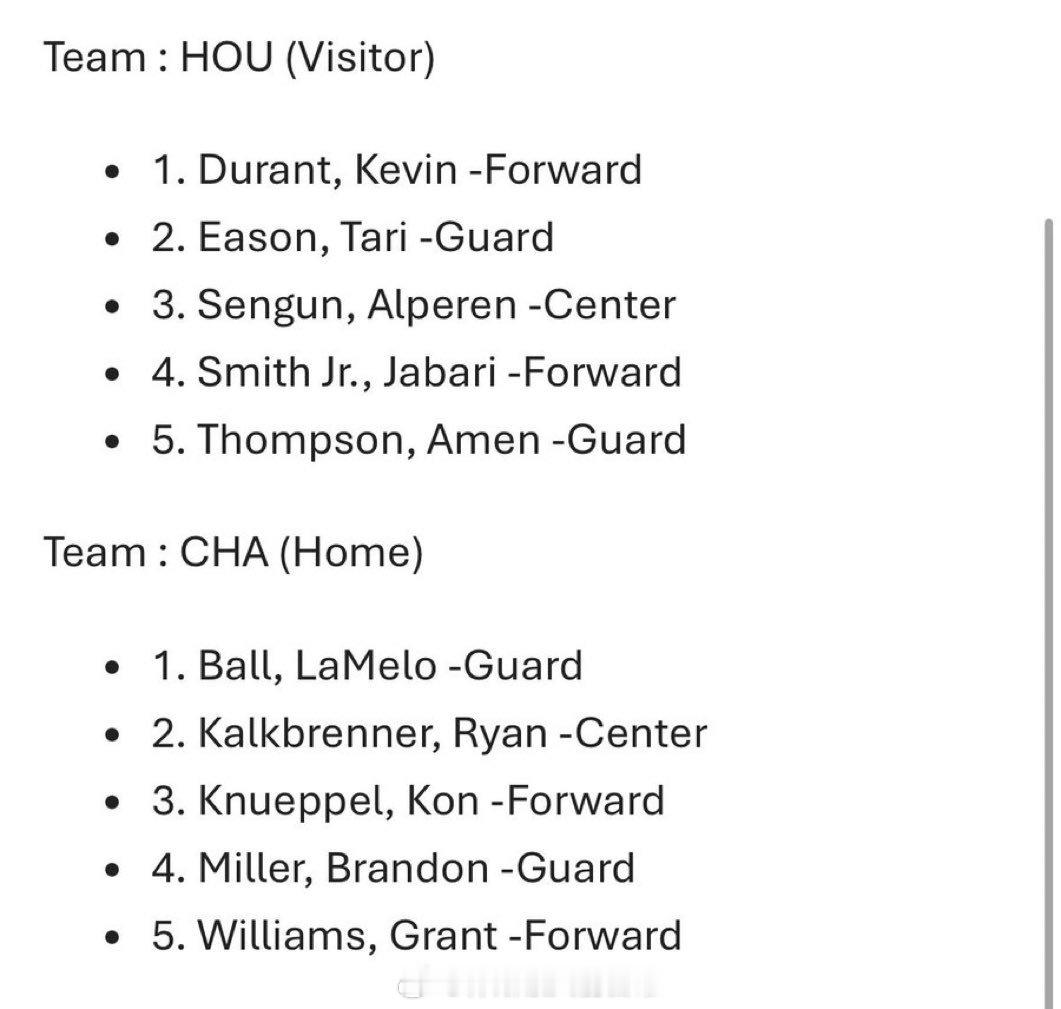 火箭vs黄蜂首发火箭首发：阿门、伊森、杜兰特、小贾、申京黄蜂首发：鲍尔、克努佩尔