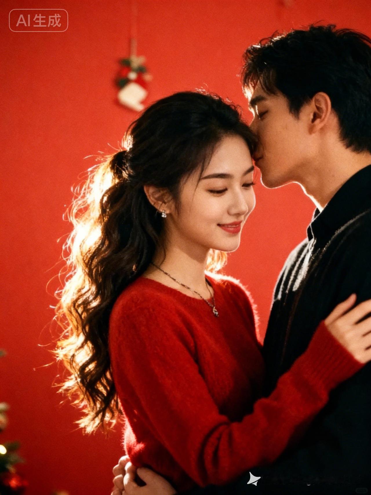 甜蜜的圣诞吻，温暖的红衣情侣！