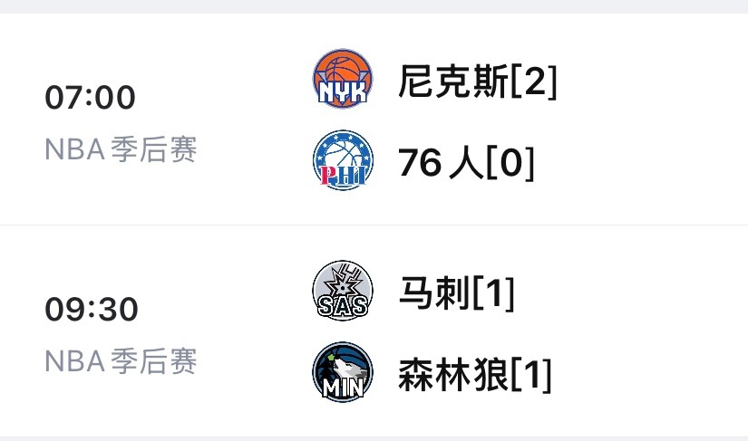 【今日季后赛赛程预告】7:00 尼克斯vs76人9:30 马刺vs森林狼免费看球