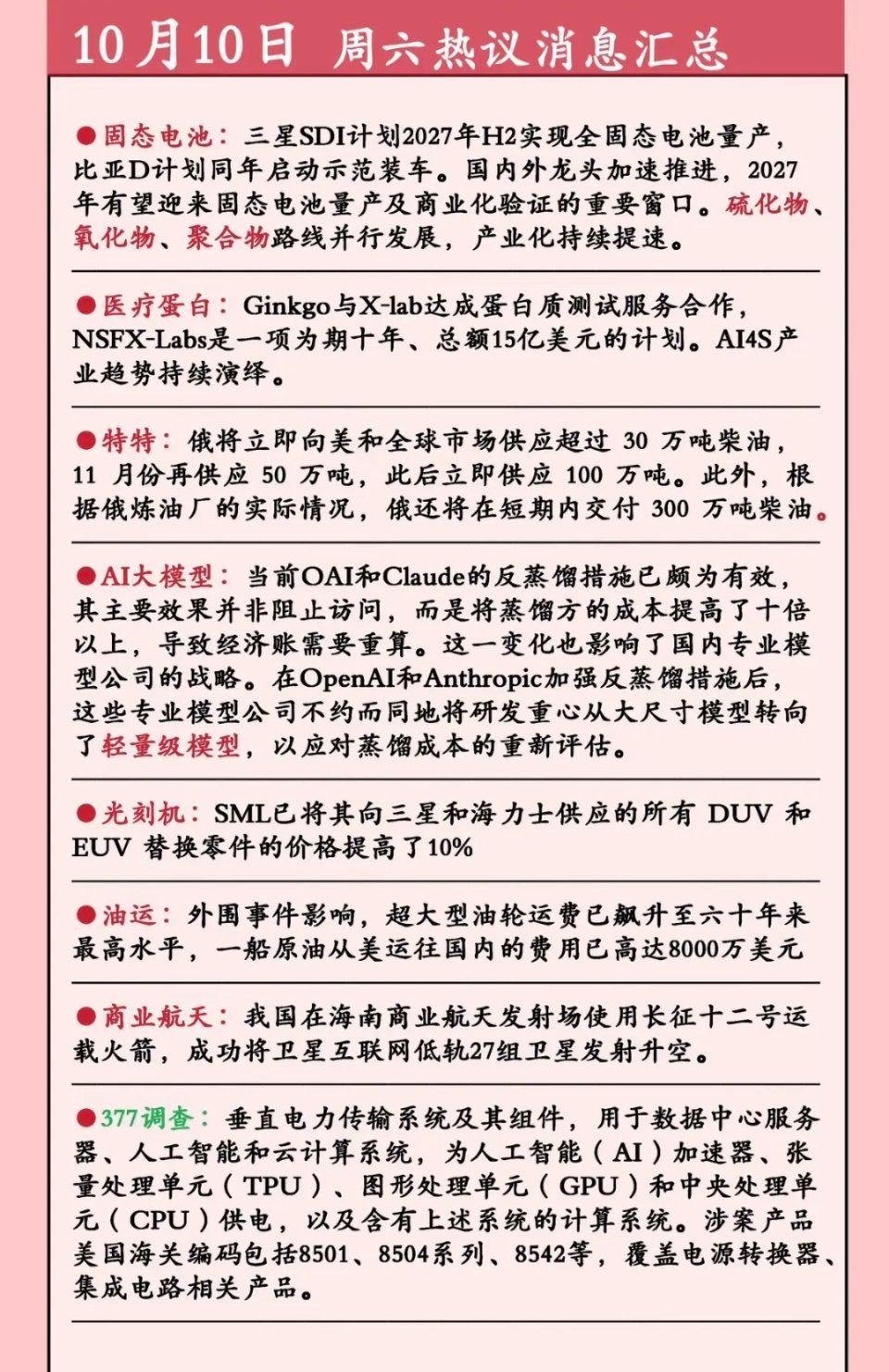 10.10周六  市场热议+财经热点信息整理！1.固态电池2.医疗蛋白3.柴油4