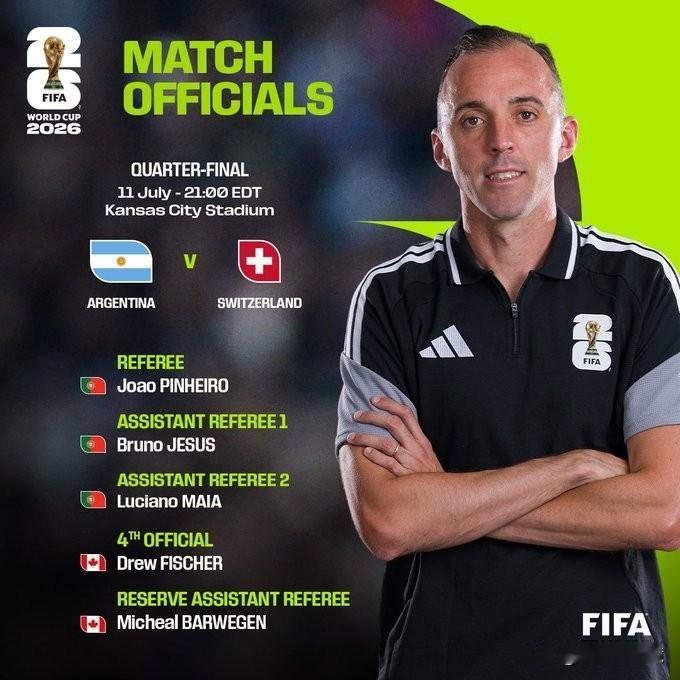 FIFA官方刚刚公布，葡萄牙裁判若昂·皮涅罗将执法这场1/4决赛。

整支裁判组