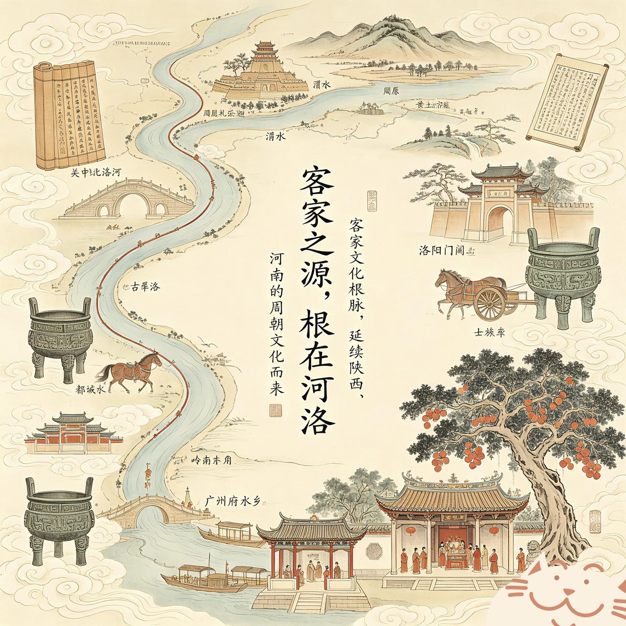 客家之源，根在河洛。
以陕西关中古河洛（河渭）、河南洛阳嵩洛（后起河洛）为本源的