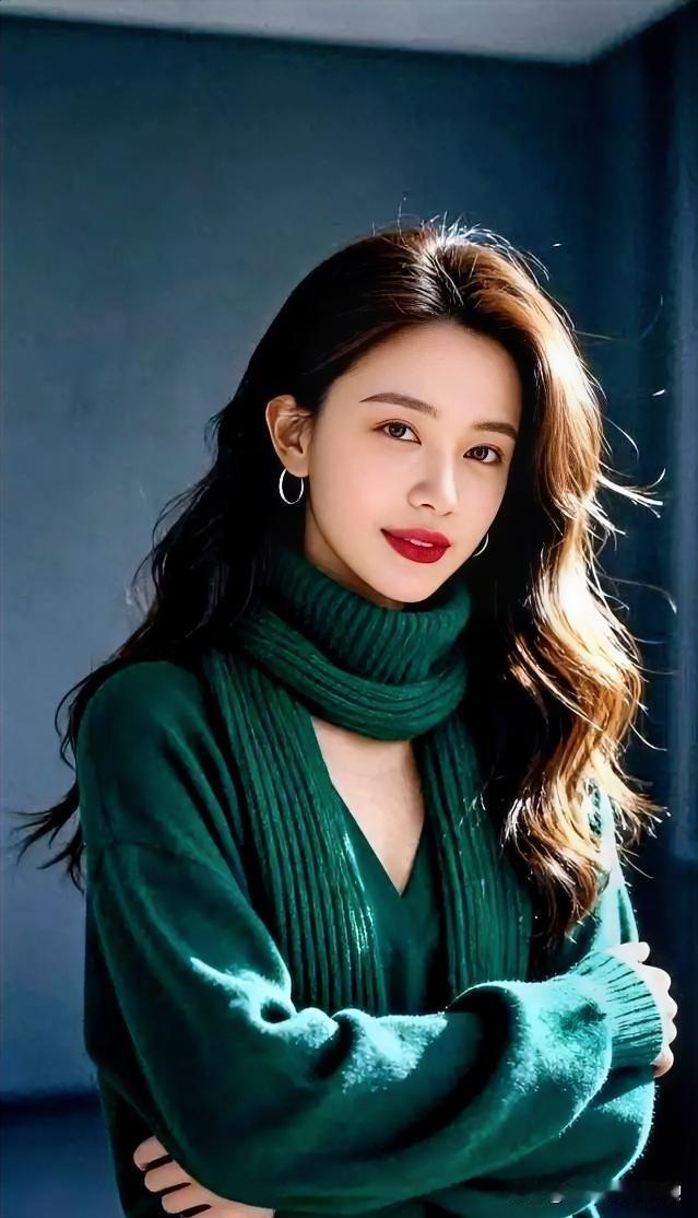 墨绿针织裹挟温柔，光影在发梢流转，静谧中绽放优雅力量。