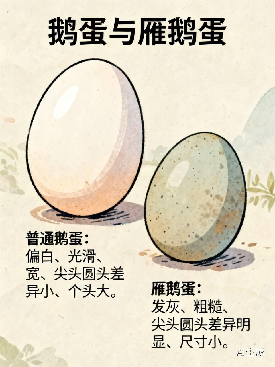 鹅蛋与雁鹅蛋
       此前我母亲花三倍价钱买的所谓雁鹅蛋，煮熟后口感和家中