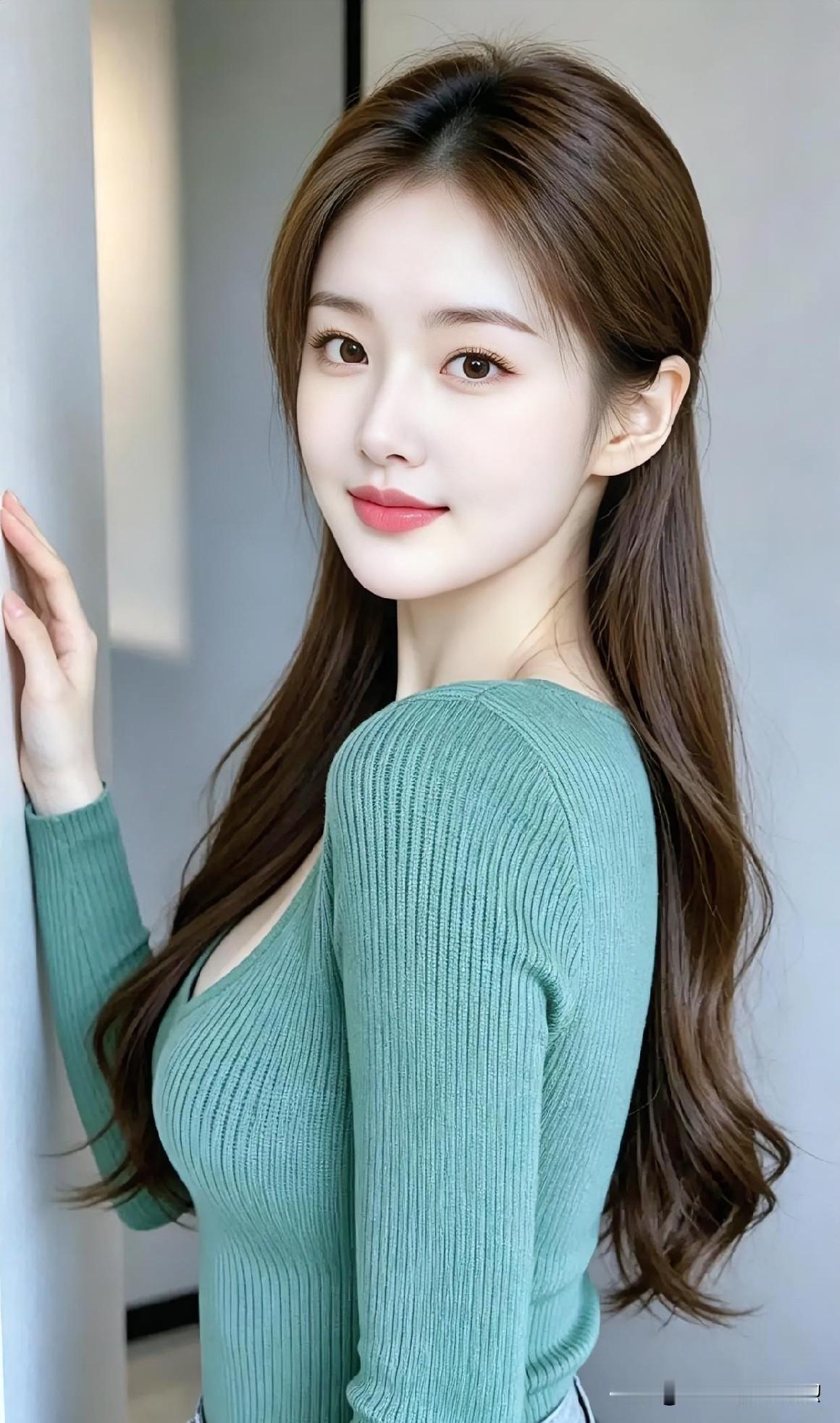 豆绿针织衫贴合柔美曲线，长发垂肩，温婉回眸。室内光影柔和，尽显清新优雅的知性之美