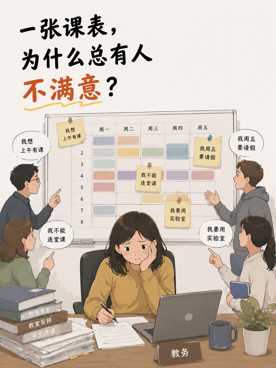 每到排课定稿阶段，我的办公室就挤满老师：有的希望上午排主科，有的不能连堂授课，理