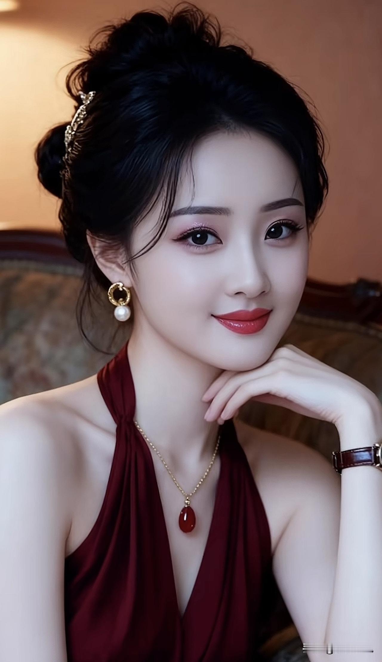 优雅红裙，复古妆容，气质女神气质红裙女 气质红裙穿搭 魅力红裙穿搭 气质红裙穿搭