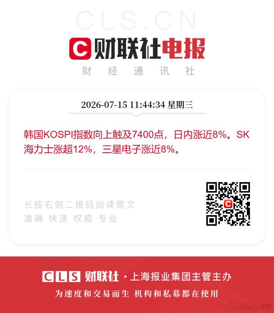 三星涨近8%海力士涨超12%【韩国KOSPI指数涨近8% SK海力士涨超12%】