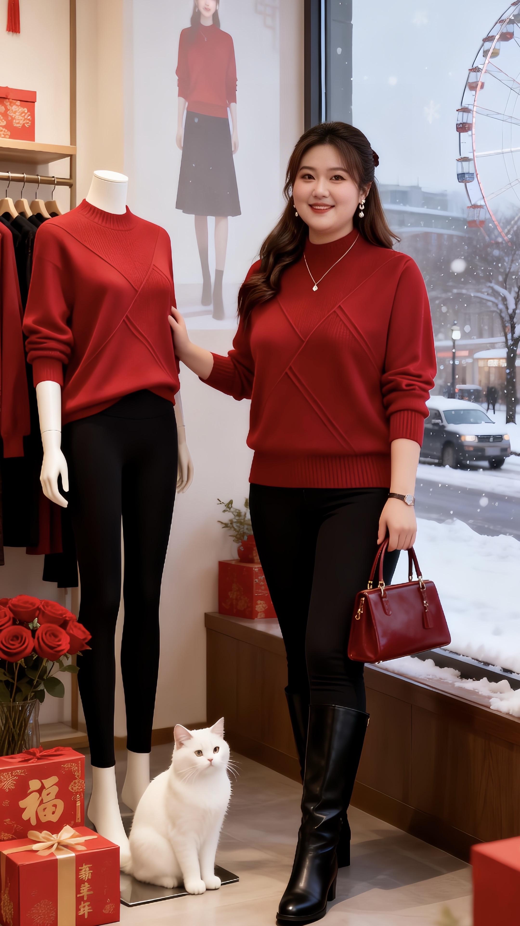 大码女装 红色毛衣新年穿搭冬日穿搭一周不重样微胖女生冬日衣服测评