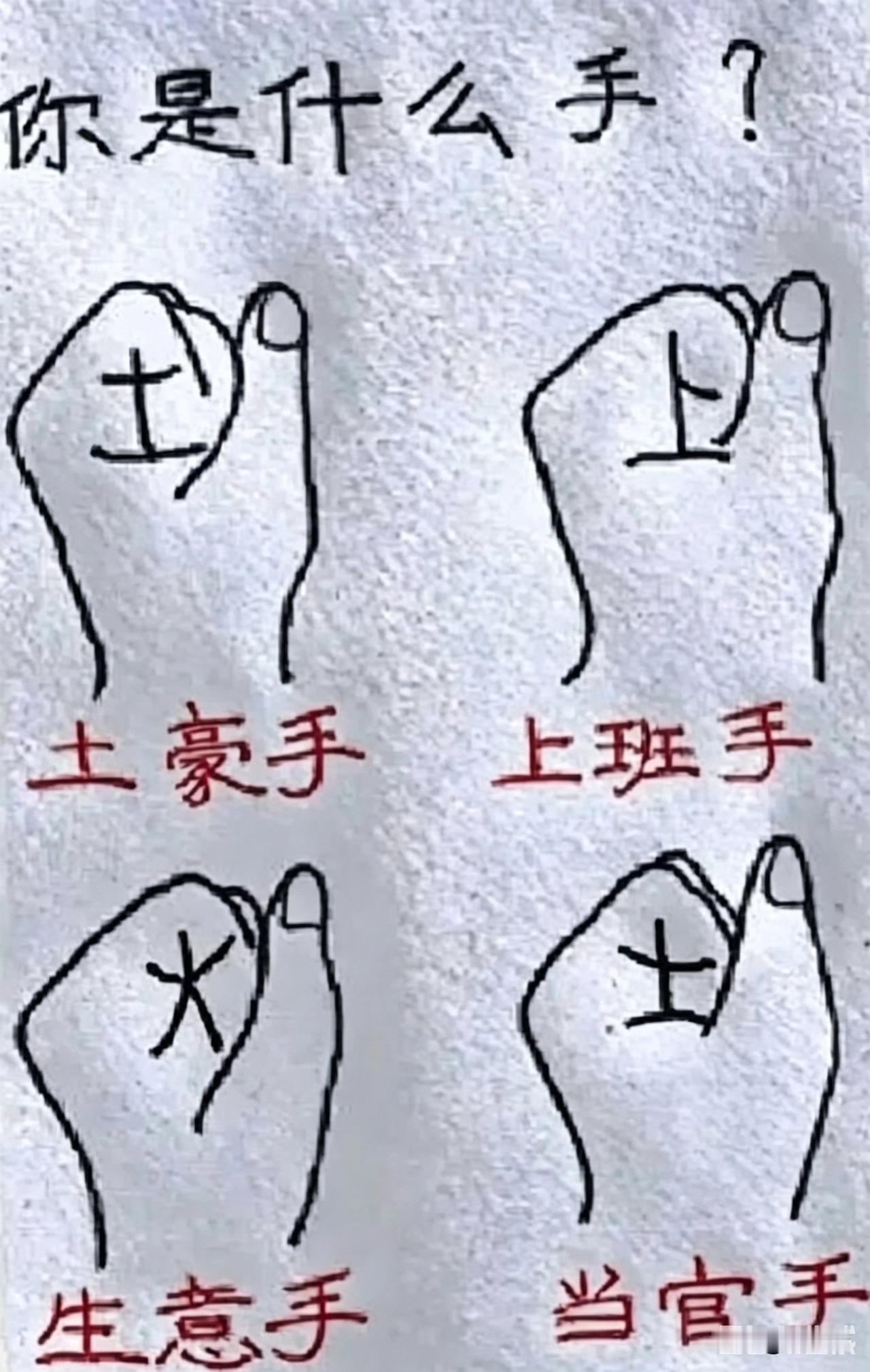 一张图测你这辈子啥命！
伸出手攥个拳，
看看你攥出了哪个字？
👉 土豪手：天生