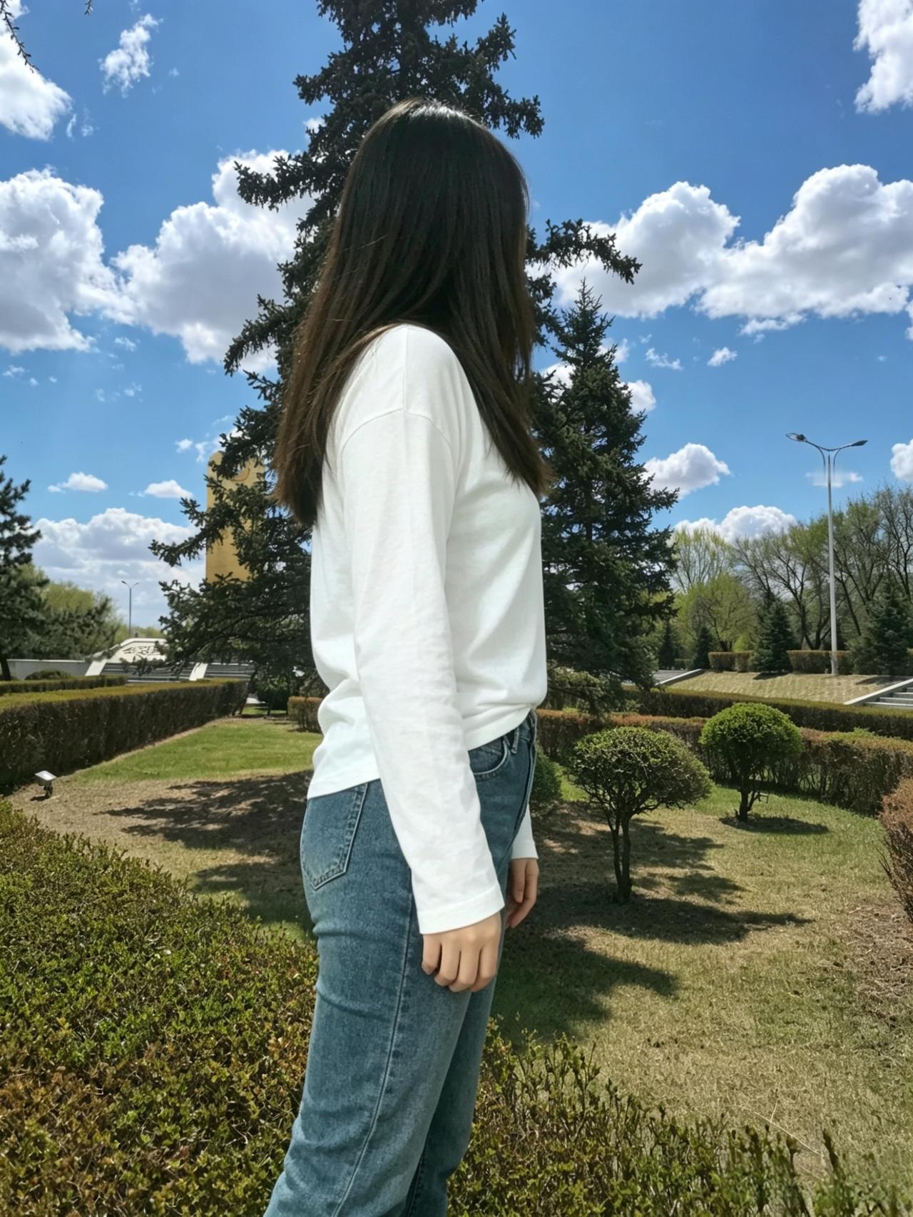白衣轻衬玉人腰，缓步郊原野草遥。
一树新晴风拂发，回身恍见月初描。